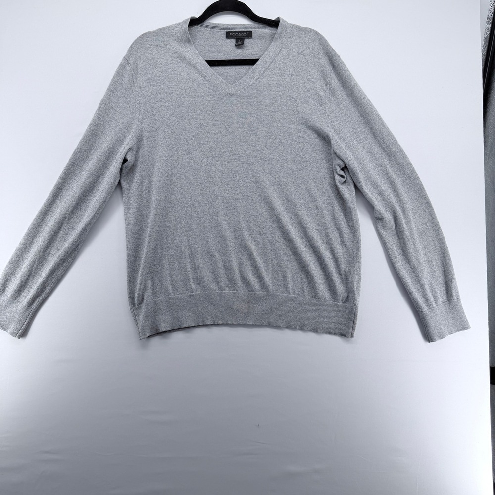 Banana Republic Mens Silk Cotton Cashmere V-Neck Sweater Heather Grey Large